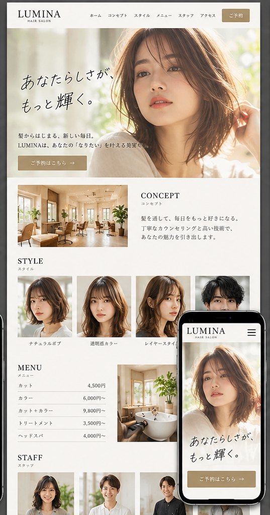 ヘアスタイルと店内写真を使った美容室サイト